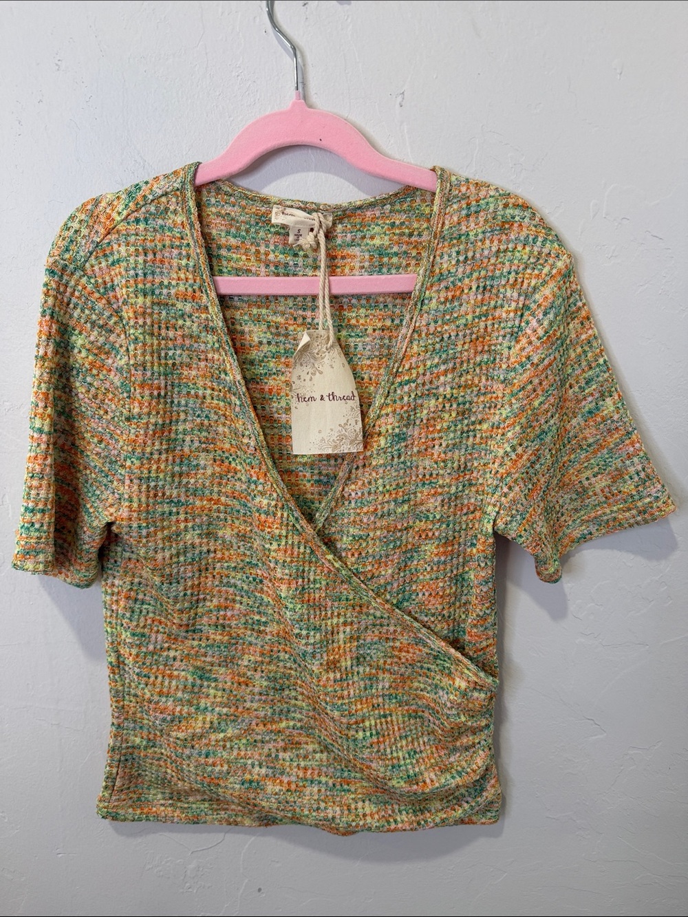 Hem & Thread Multicolor Knit Wrap Crop Top in Green, Orange, Yellow